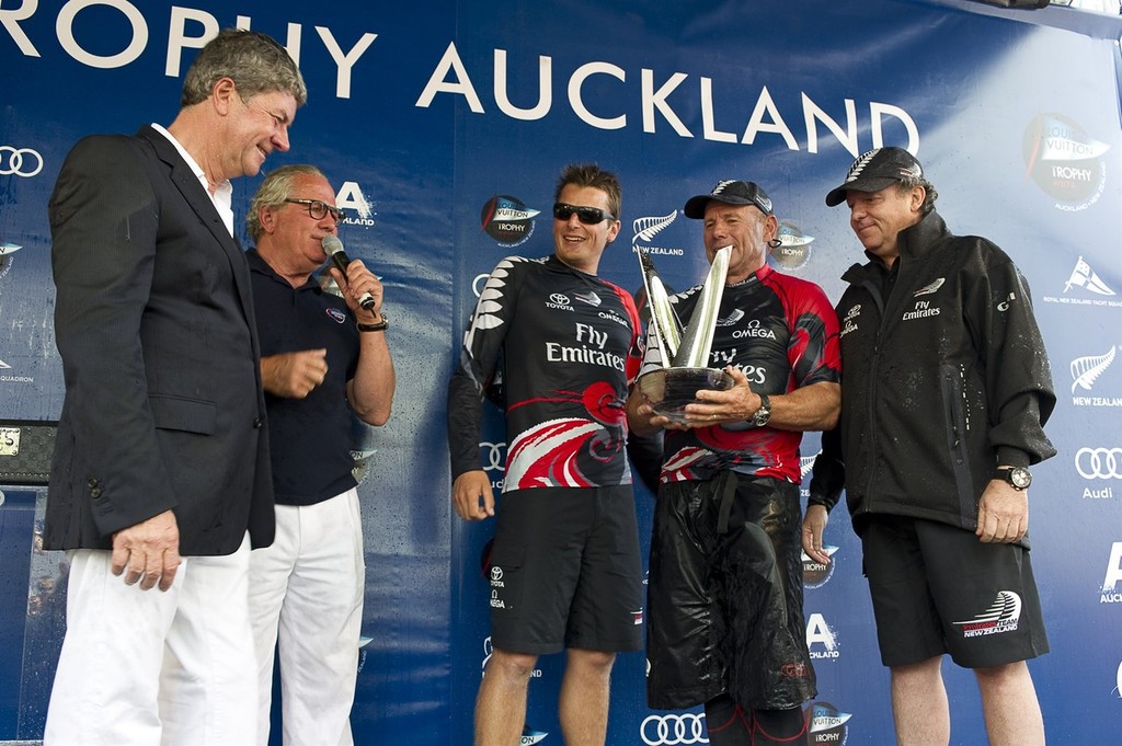 Louis vuitton CEO Yves Carcelle and Bruno Touble present Dean Barker, Grant Dalton and Matteo de Nora with the Louis Vuitton Trophy. 21/3/2010 photo copyright Chris Cameron/ETNZ http://www.chriscameron.co.nz taken at  and featuring the  class