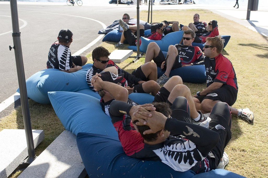 Emirates Team New Zealand sailors wait to sail the remaining finals matchs against Synergy (RUS). Louis Vuitton Trophy. La Maddalena, Sardinia, Italy. 6/6/2010 © Chris Cameron/ETNZ http://www.chriscameron.co.nz