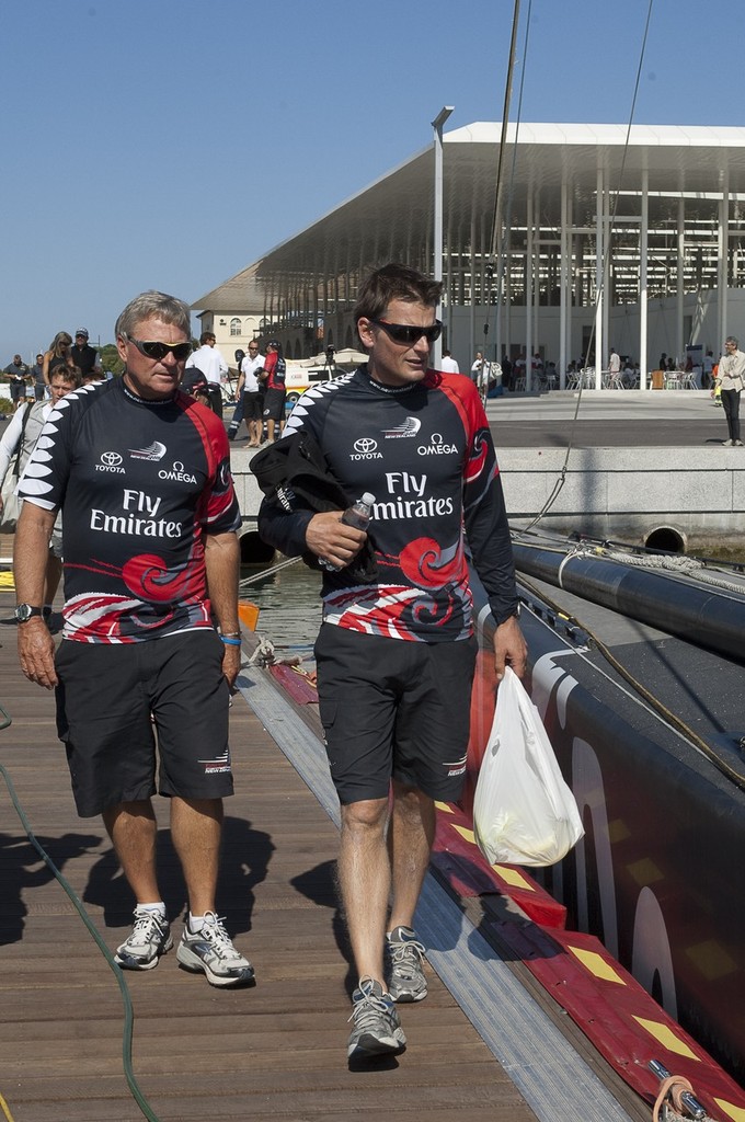 Emirates Team New Zealand helmsman Dean Barker and Coach Rod Davis walk down to the boat for the remaining finals matchs against Synergy (RUS). Louis Vuitton Trophy. La Maddalena, Sardinia, Italy. 6/6/2010 © Chris Cameron/ETNZ http://www.chriscameron.co.nz