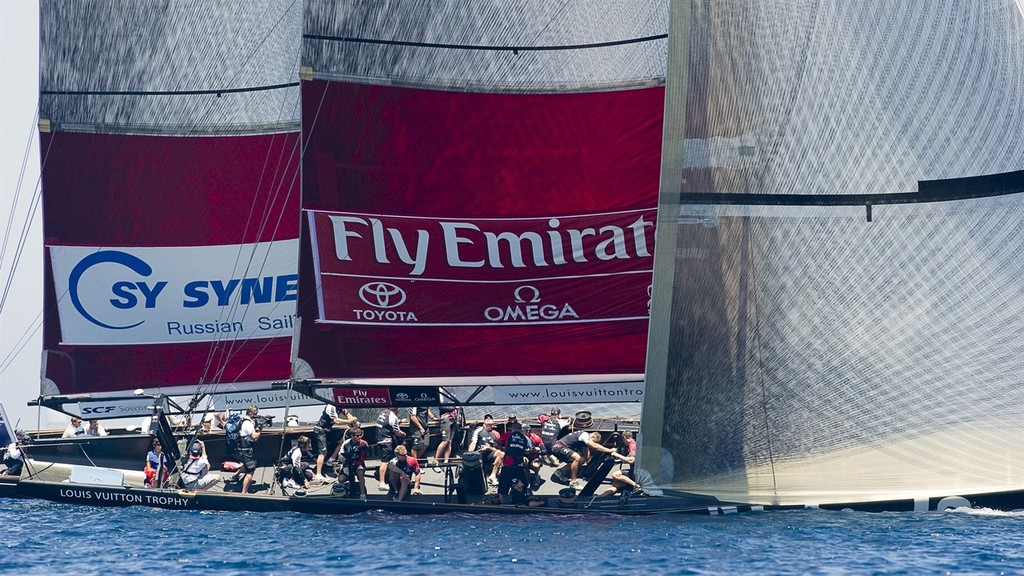 Emirates Team New Zealand race Synergy (RUS) in the finals. Louis Vuitton Trophy. La Maddalena, Sardinia, Italy. 6/6/2010 © Chris Cameron/ETNZ http://www.chriscameron.co.nz