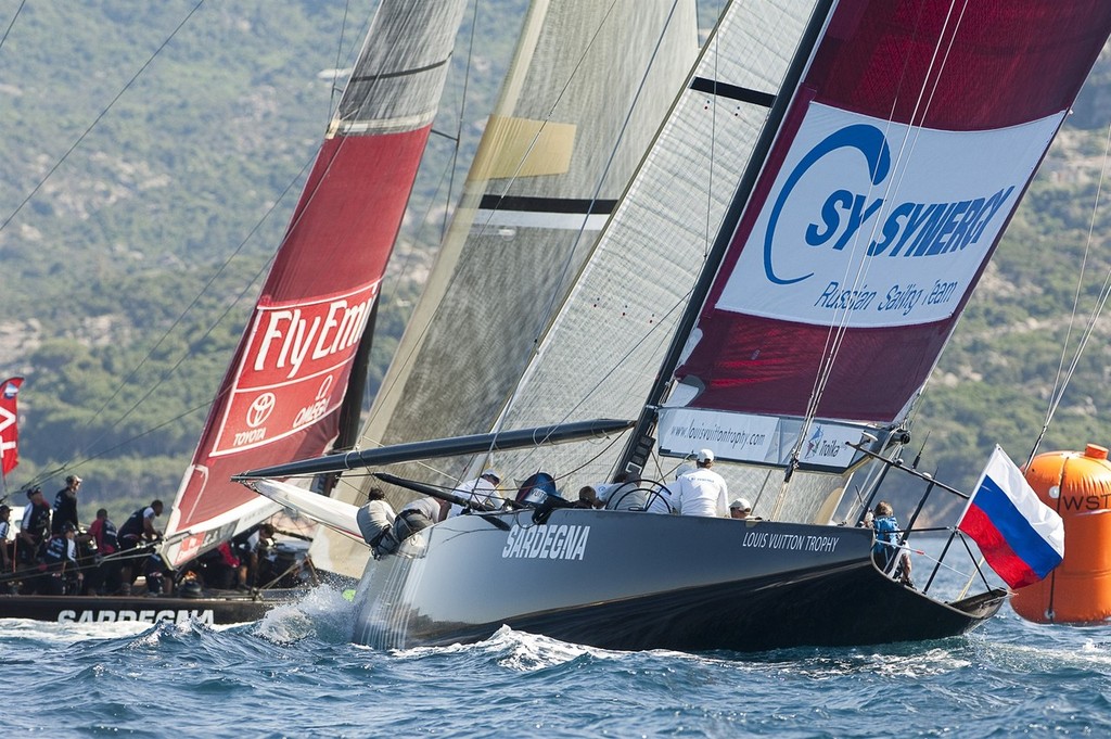 Synergy (RUS) race Emirates Team New Zealand in the finals. Louis Vuitton Trophy. La Maddalena, Sardinia, Italy. 6/6/2010 © Chris Cameron/ETNZ http://www.chriscameron.co.nz