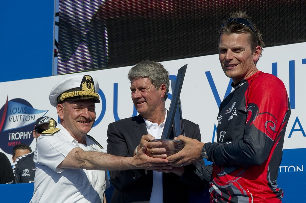 Emirates Team New Zealand helmsman Dean Barker receives the Louis Vuitton Trophy after the teams 3 - 2 win over Synergy (RUS) in the finals. Louis Vuitton Trophy. La Maddalena, Sardinia, Italy. 6/6/2010 © Chris Cameron/ETNZ http://www.chriscameron.co.nz
