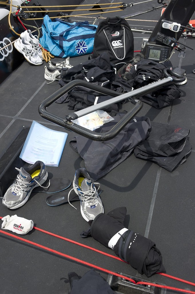 Crew gear waits on the deck of Emirates Team New Zealand TP52 NZL380. Sailing postponed because of too much wind. Audi MedCup. Marseille, France. 18/6/2010 © Chris Cameron/ETNZ http://www.chriscameron.co.nz