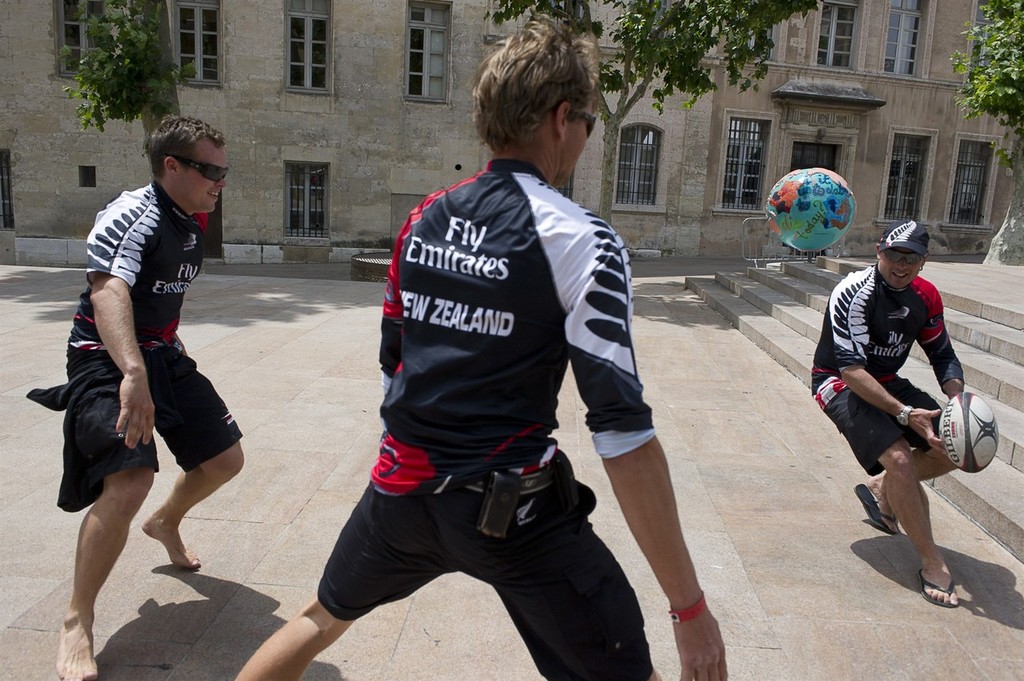 Emirates Team New Zealand shorecrew play touch rugby during the  postponement while the race comitee wait to see if the strong winds will subside sufficiently to race. Audi MedCup Marseille, France. 19/6/2010 © Chris Cameron/ETNZ http://www.chriscameron.co.nz
