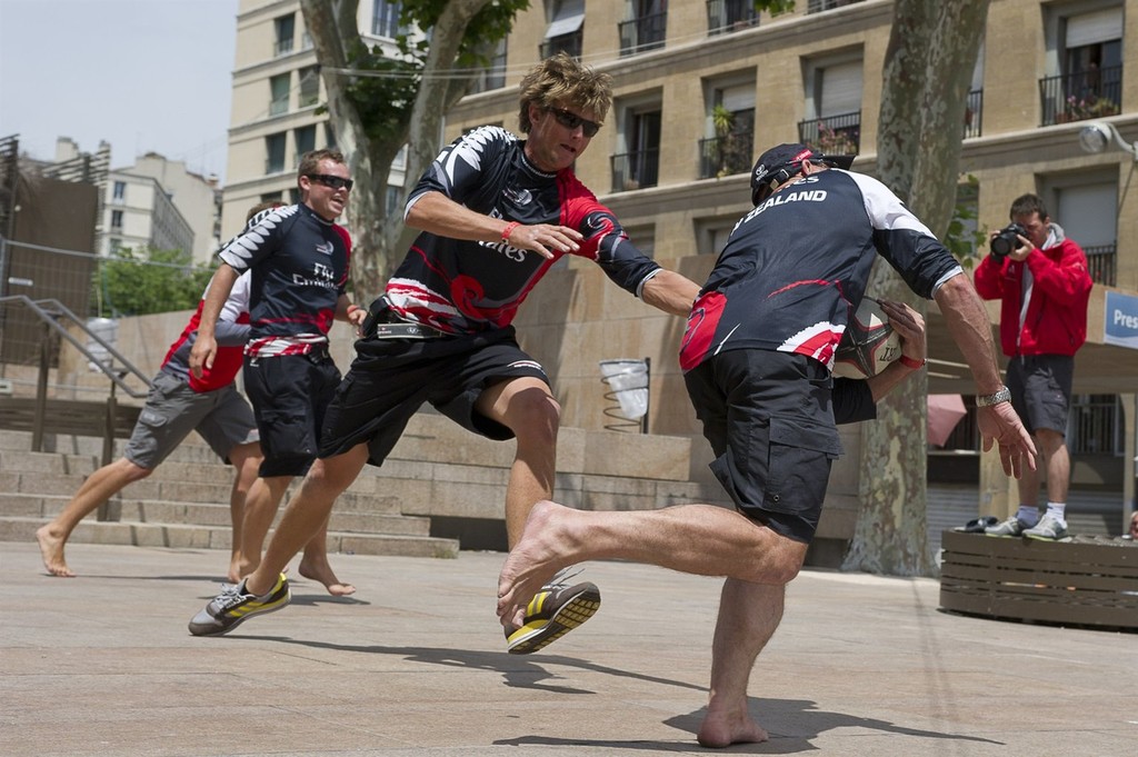 Emirates Team New Zealand shorecrew play touch rugby during the  postponement while the race comitee wait to see if the strong winds will subside sufficiently to race. Audi MedCup Marseille, France. 19/6/2010 © Chris Cameron/ETNZ http://www.chriscameron.co.nz