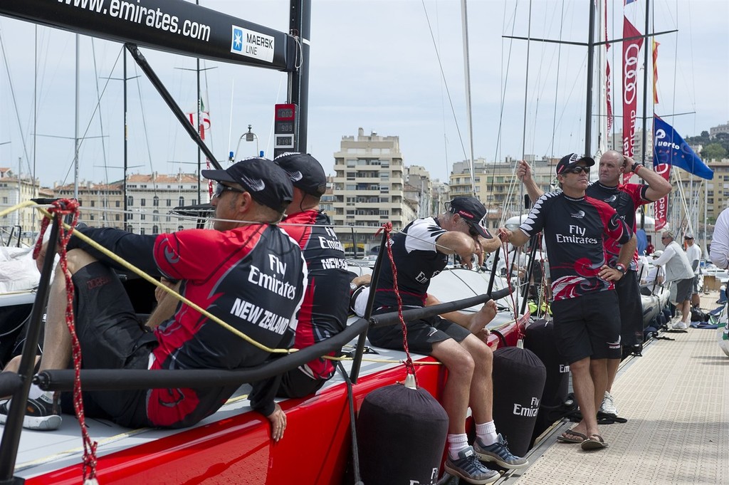 Emirates Team New Zealand wait out the postponement while the race comitee wait to see if the strong winds will subside sufficiently to race. Audi MedCup Marseille, France. 19/6/2010 © Chris Cameron/ETNZ http://www.chriscameron.co.nz