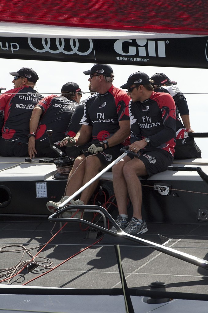 Emirates Team New Zealand, Main sail trimmer Don Cowie and helmsman Dean Barker. Race one on Day one of the Trophy of Sardinia, Audi MedCup 2010. 21/9/2010 © Chris Cameron/ETNZ http://www.chriscameron.co.nz