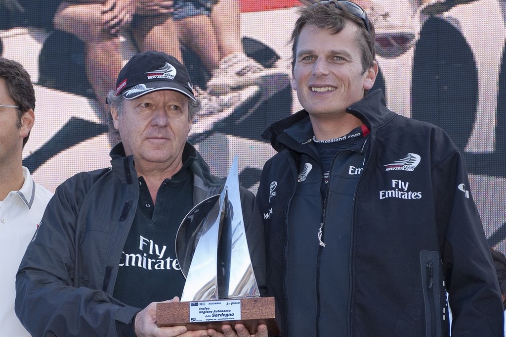 Emirates Team New Zealand, Matteo de Nora nad Dean Barker on stage as season champions of the Audi MedCup 2010. Cagliari Sardinia. 25/9/2010 - photo © Chris Cameron/ETNZ http://www.chriscameron.co.nz