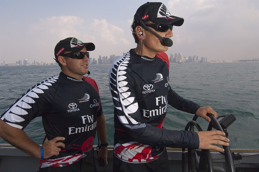 Emirates Team New Zealand Tactician Ray Davies and Dean Barker during a two hour official practice session with Artemis (SWE) 12/11/2010 photo copyright Chris Cameron/ETNZ http://www.chriscameron.co.nz taken at  and featuring the  class