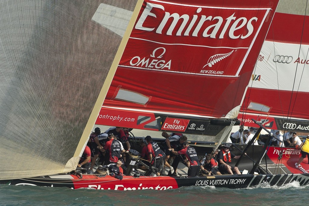 Emirates Team New Zealand and Mascalzone Latino start the second race of the Louis Vuitton Dubai Trophy regatta. 14/11/2010 &copy; Chris Cameron/ETNZ http://www.chriscameron.co.nz