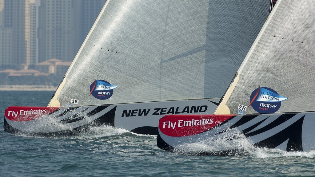 Emirates Team New Zealand and Mascalzone Latino start the second race of the Louis Vuitton Dubai Trophy regatta. 14/11/2010 &copy; Chris Cameron/ETNZ http://www.chriscameron.co.nz