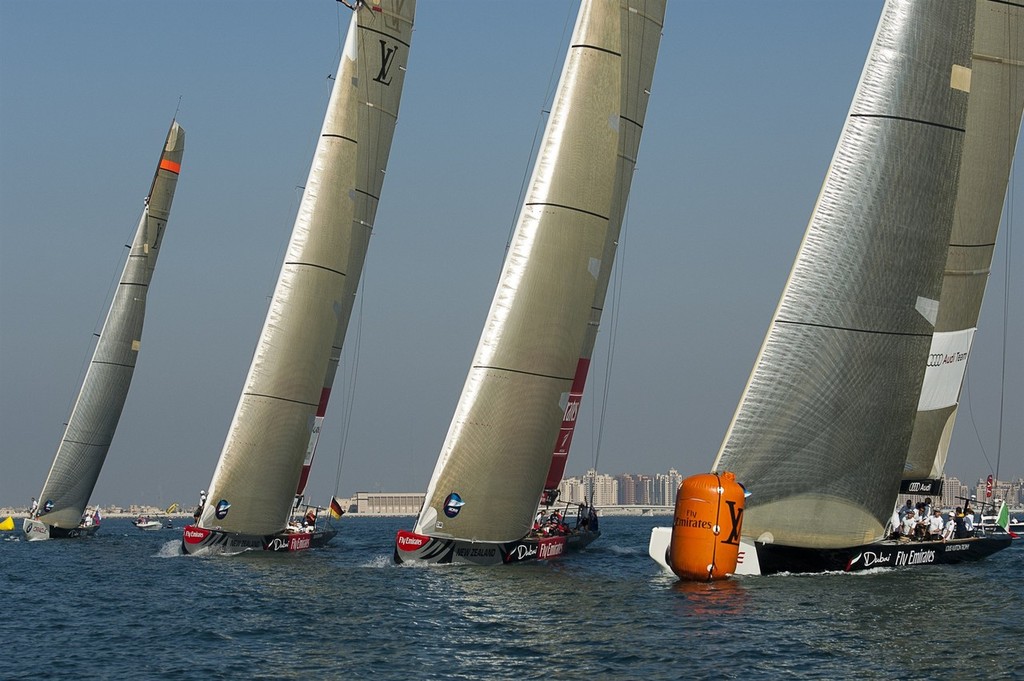 Emirates Team New Zealand All4One, Mascalzone Latino and Synergy start the first. Fleet race. Louis Vuiton Trophy Dubai. 25/11/2010 © Chris Cameron/ETNZ http://www.chriscameron.co.nz