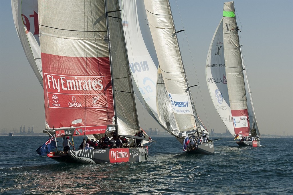 Emirates Team New Zealand, All4One, Mascalzone Latino and Synergy sail the first. Fleet race. Louis Vuiton Trophy Dubai. 25/11/2010 © Chris Cameron/ETNZ http://www.chriscameron.co.nz