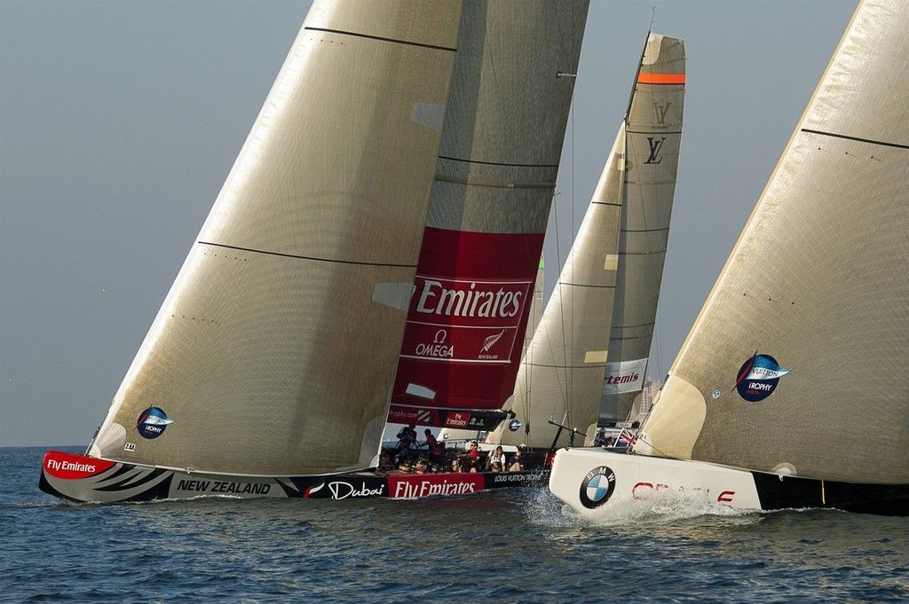 Racing in the second fleet race - Emirates Team NZ,  Mascalzone Latino, BMW Oracle Racing and Artemis. Louis Vuiton Trophy Dubai. 25/11/2010 © Chris Cameron/ETNZ http://www.chriscameron.co.nz