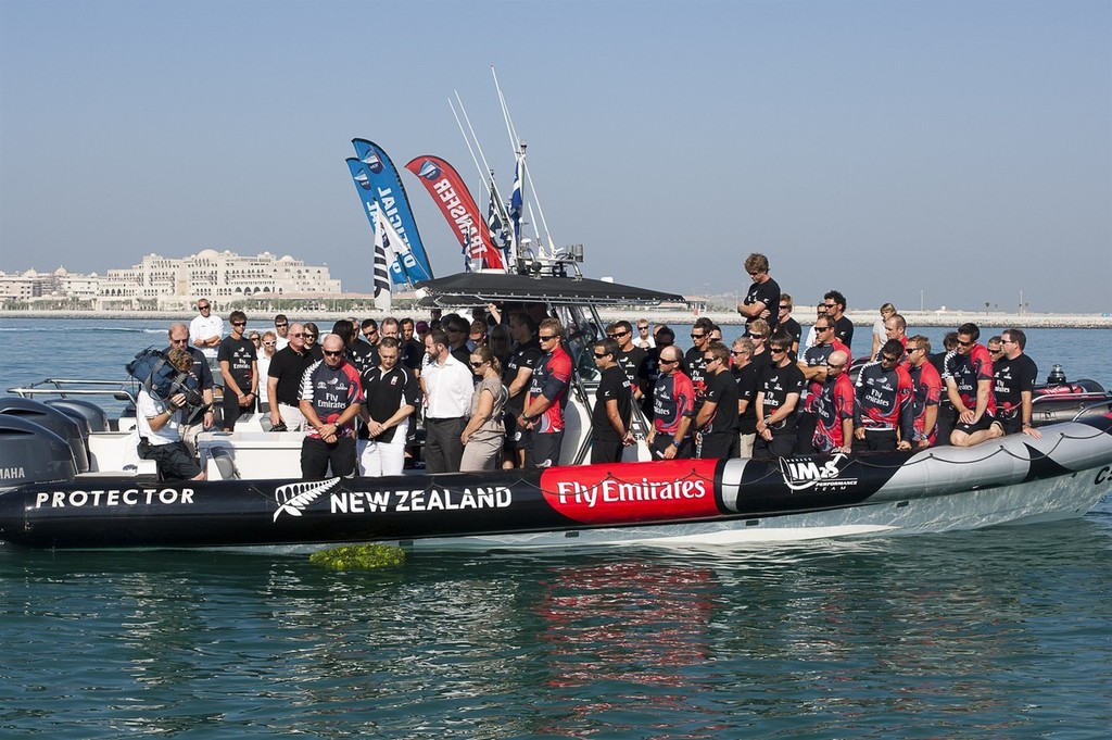 Emirates Team New Zealand and Kiwis from the other competing teams hold a ceremony to comemorate the deaths of the miners killed in the Pike river tragedy. Louis Vuiton Trophy Dubai. 25/11/2010 &copy; Chris Cameron/ETNZ http://www.chriscameron.co.nz