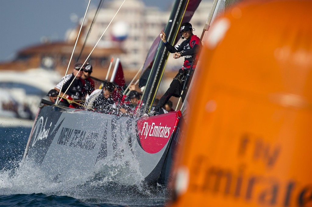 Emirates Team New Zealand aproach the start line in their first race against BMW Oracle Racing in the finals of the Louis Vuiton Trophy Dubai. 27/11/2010 © Chris Cameron/ETNZ http://www.chriscameron.co.nz