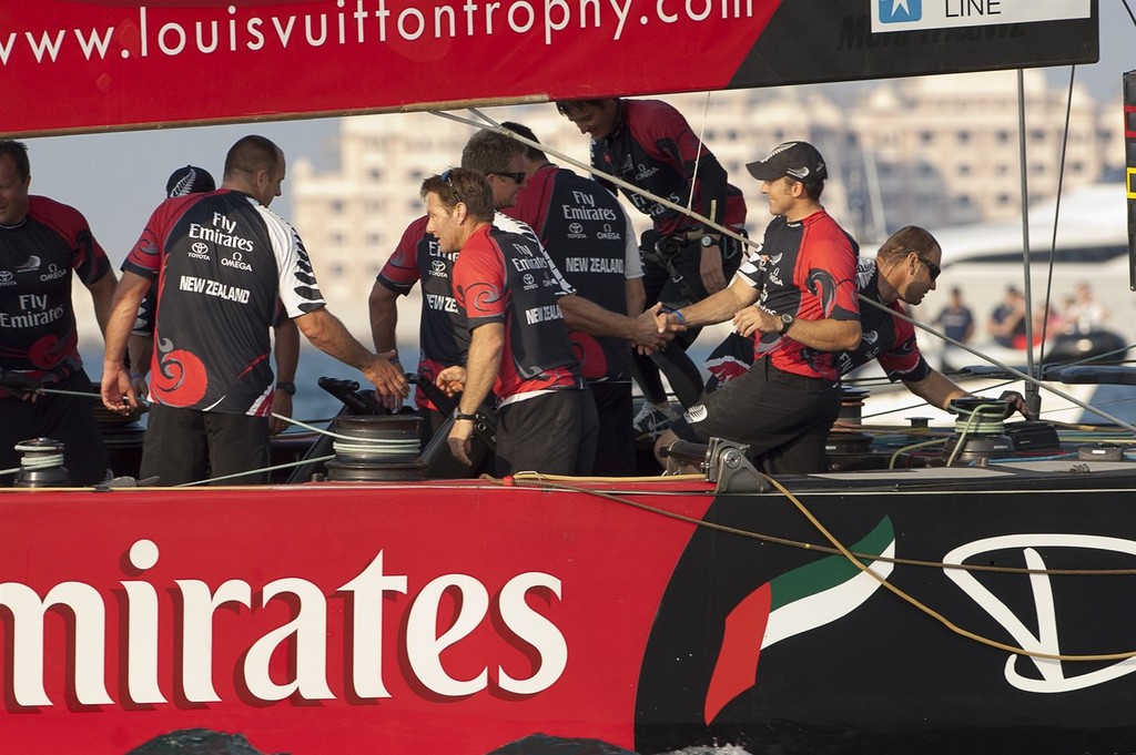Emirates Team New Zealand celebrate their 2-0 victory over BMW Oracle Racing in the finals of the Louis Vuiton Trophy Dubai. 27/11/2010 photo copyright Chris Cameron/ETNZ http://www.chriscameron.co.nz taken at  and featuring the  class