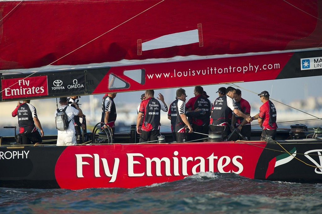 Emirates Team New Zealand celebrate their 2-0 victory over BMW Oracle Racing in the finals of the Louis Vuiton Trophy Dubai. 27/11/2010 photo copyright Chris Cameron/ETNZ http://www.chriscameron.co.nz taken at  and featuring the  class