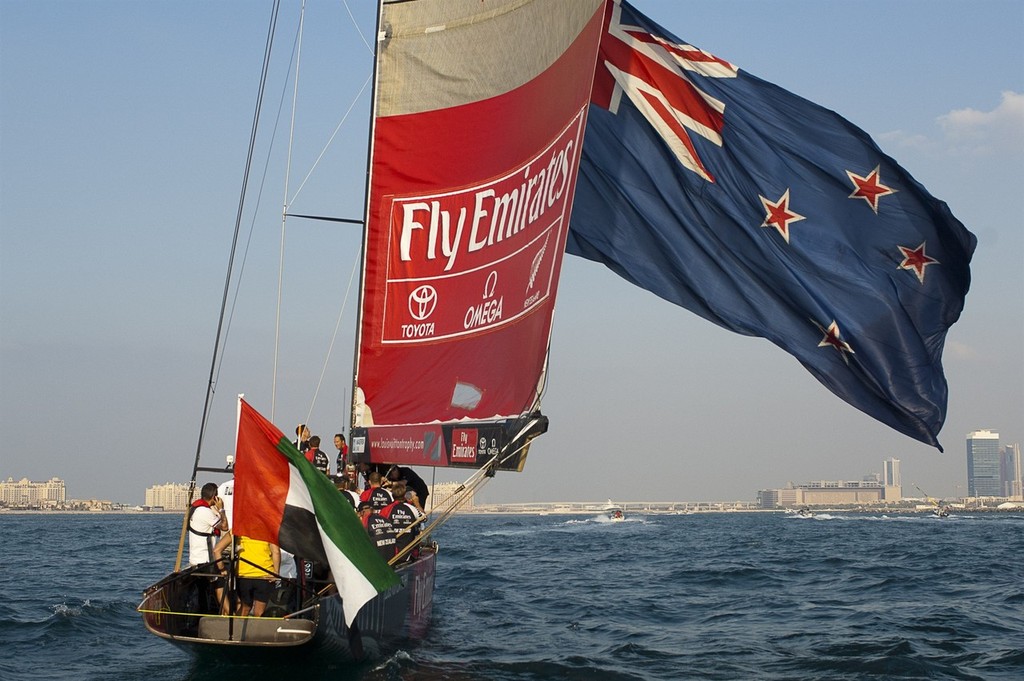 Emirates Team New Zealand return to therdock after the 2-0 victory over BMW Oracle Racing in the finals of the Louis Vuiton Trophy Dubai. 27/11/2010 © Chris Cameron/ETNZ http://www.chriscameron.co.nz