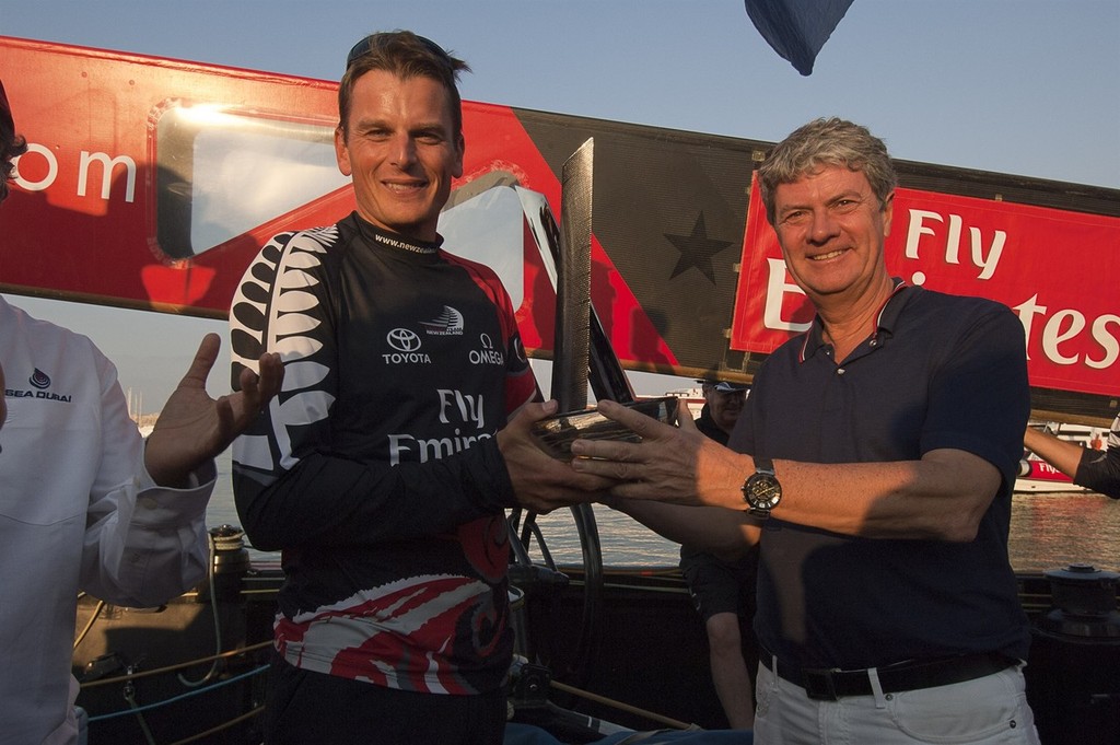 Louis Vuitton CEO Yves Carcelle presents  the Louis vuitton Trophy to Emirate Team New Zealand skipper, Dean Barker. Louis Vuitton Trophy Dubai. 27/11/2010 © Chris Cameron/ETNZ http://www.chriscameron.co.nz