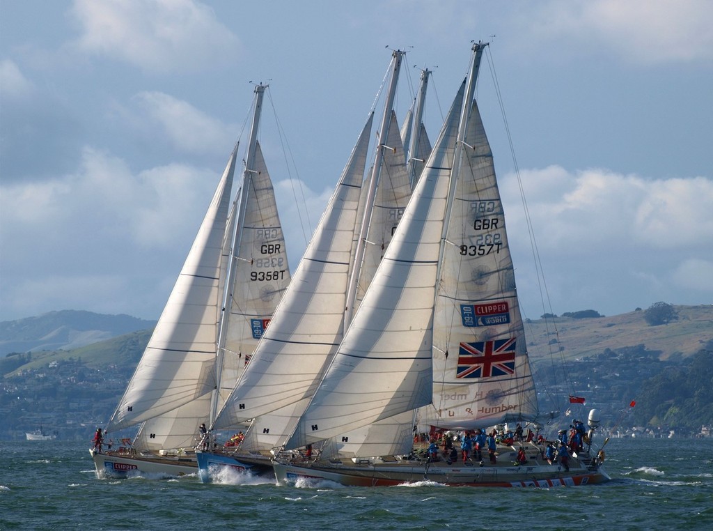 The Clipper fleet pass under the Golden Gate Bridge as they leave California at the start of race eight to Panama in the Clipper 09-10 Round the World Yacht Race © Clipper Ventures PLC . http://www.clipperroundtheworld.com
