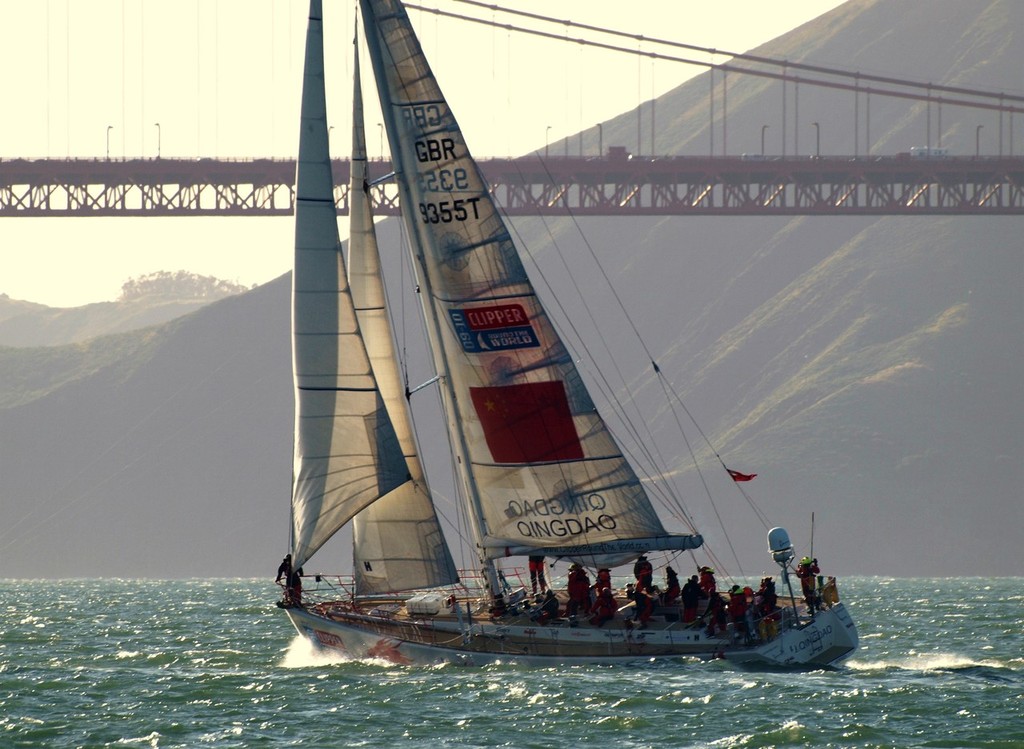 Qingado passes under the golden gate bridge as they leave San Francisco at the start of race eight to Panama in the Clipper 09-10 Round the World Yacht Race © Clipper Ventures PLC . http://www.clipperroundtheworld.com