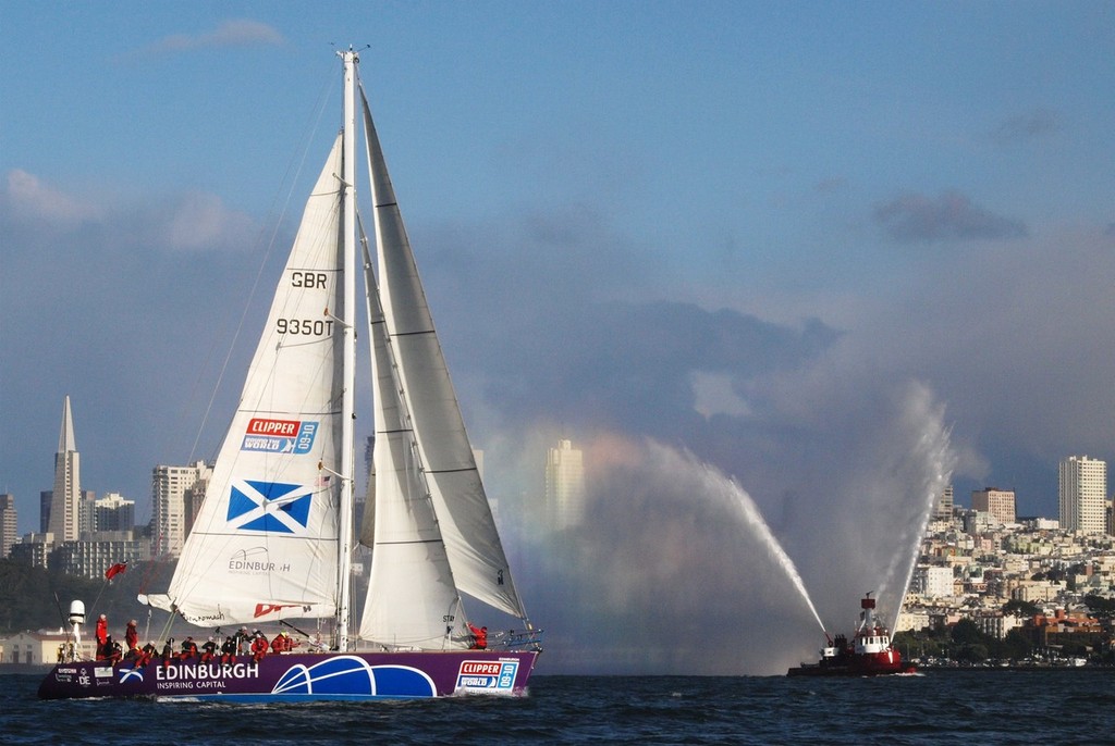 Edinburgh Inspiring Capital passes the San Francisco skyline for a final time at the start of race eight to Panama in the Clipper 09-10 Round the World Yacht Race © Clipper Ventures PLC . http://www.clipperroundtheworld.com