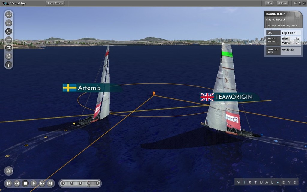 The ARL system has been used for 20 years to show replays and could easily be used for umpiring as seen in this incident from the TP52’s, last year. Virtual cameras were positioned to show the most accurate view of the incident. (Team Origin is an inside boat as they approach the windward mark for the second rounding.) © ARL Media http://www.arl.co.nz/