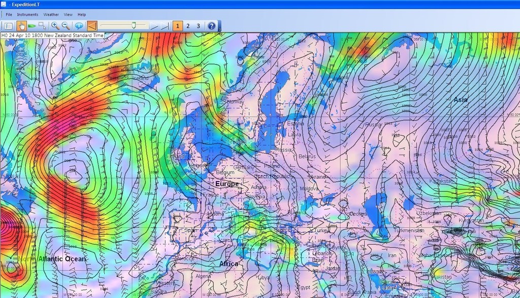 Wind image at 0700hrs GMT on 24 April shows the low pressure system intensifying as it approaches Iceland with winds increasing to over 30kts © PredictWind http://www.predictwind.com