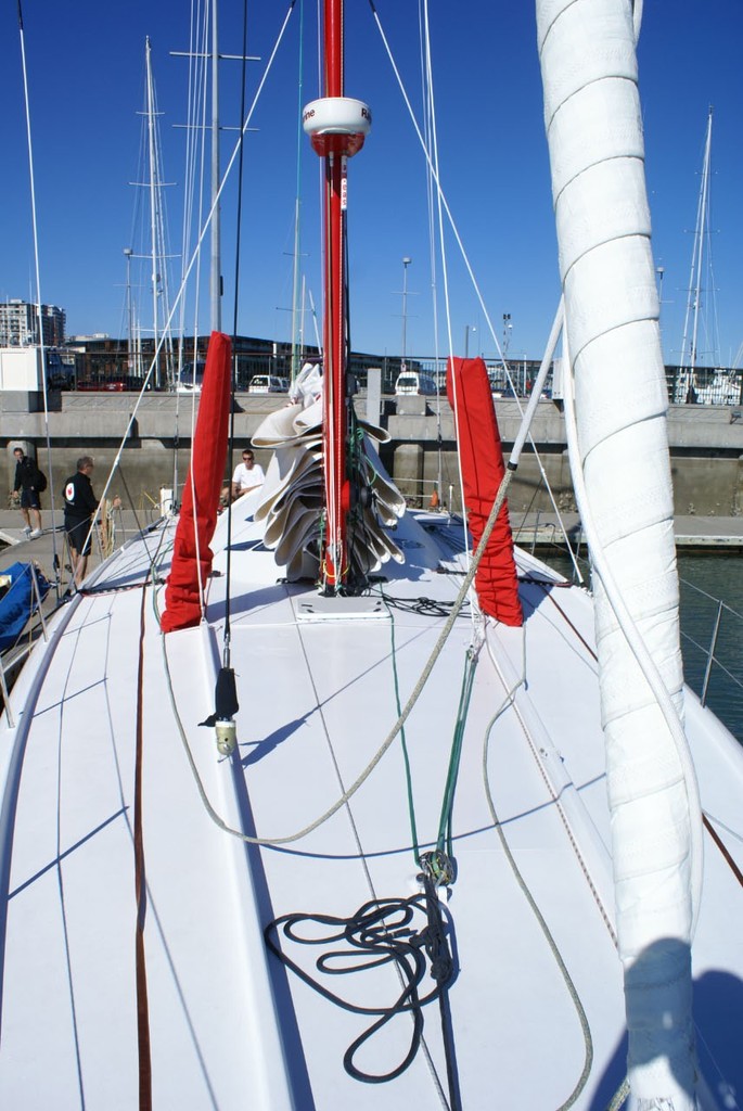 Looking aft with the daggerboards, and large fathead mainsail in lazy jacks: O Canada - Open 60, Auckland April 2010 © Richard Gladwell www.photosport.co.nz
