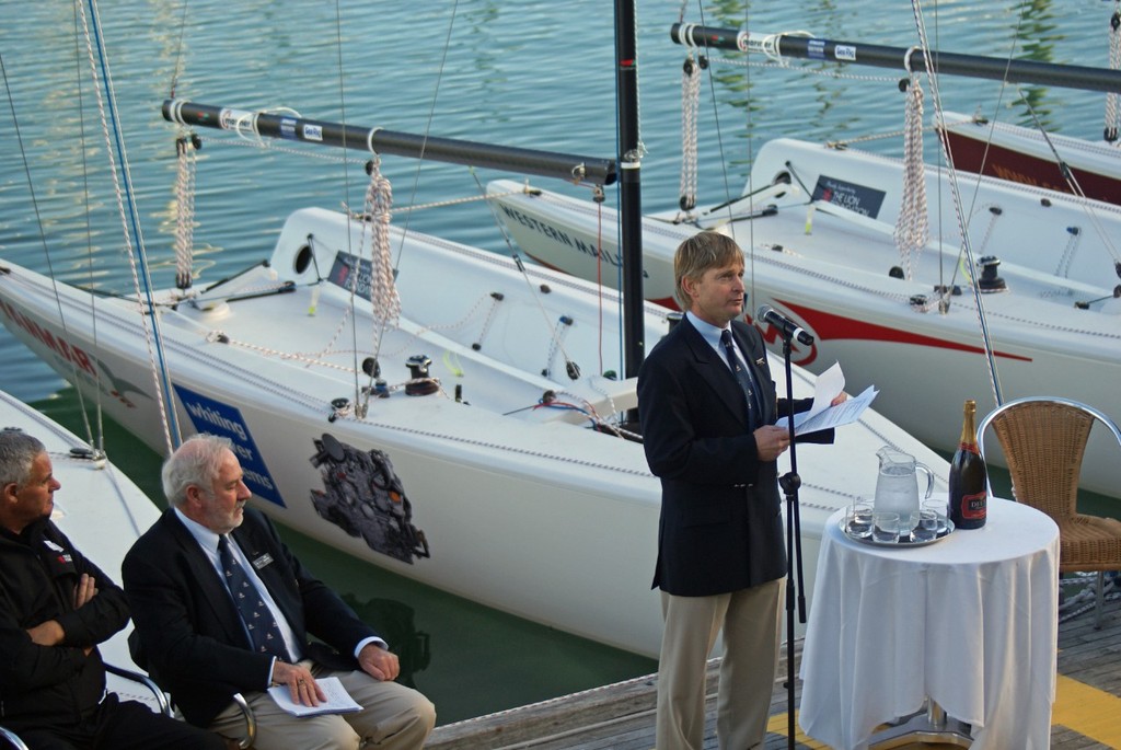 RNZYS Commodore Scott Colebrook address the guests gathered for the Elliott 7 Launch - RNZYS 30 May 2010 © Richard Gladwell www.photosport.co.nz