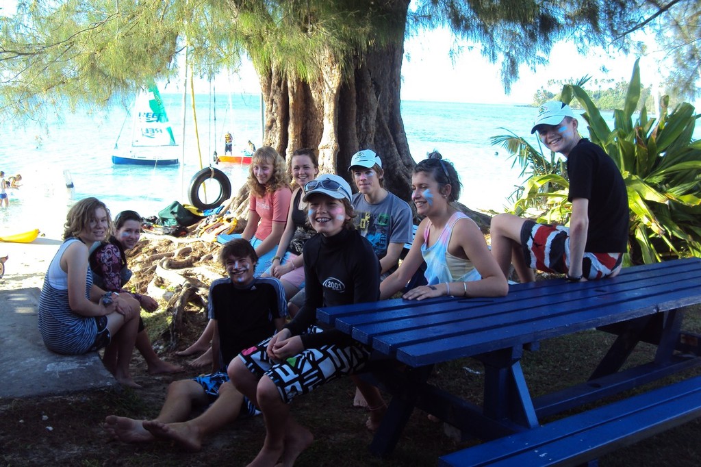 Kiwi team team talk under the iron wood tree for shade - South Pacific Teams Racing 2010<br />
<br />
 © Cindy Adams-Vining