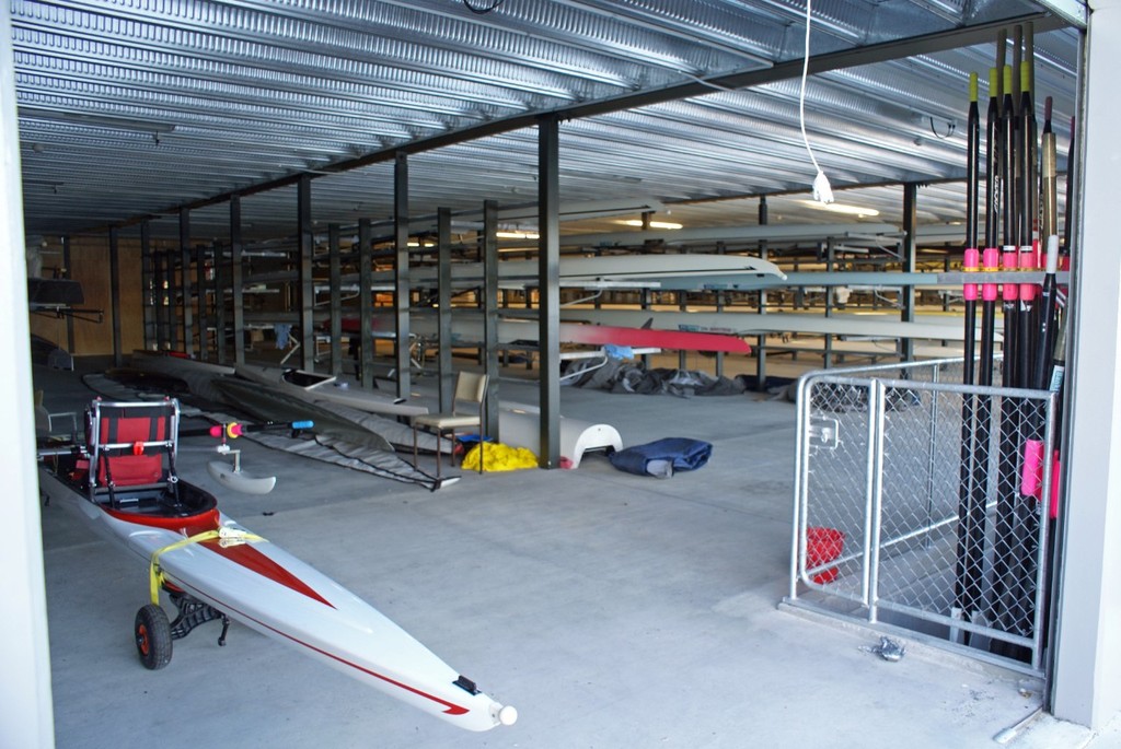 Inside the boat storage area at the Karapiro Rowing Performance Centre, the first of several High Performance sports development facilities to be constructed in New Zealand © Richard Gladwell www.photosport.co.nz