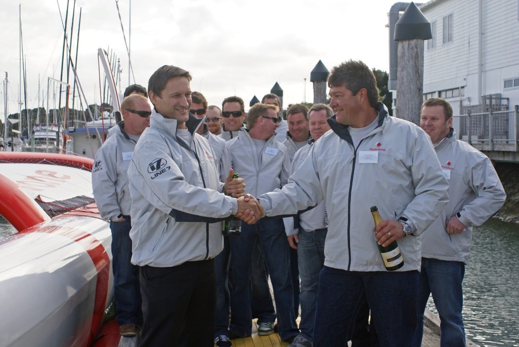 Vodafone CEO, Russell Stanners (left) with skipper Simon Hull at the TVS Launch - 19 August 2010 © Richard Gladwell www.photosport.co.nz