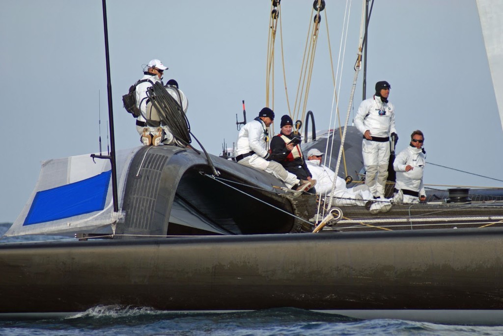 BMW Oracle racing wait for the start of Race 2, which got underway just five minutes before the prescribed deadline. - photo © Richard Gladwell www.photosport.co.nz