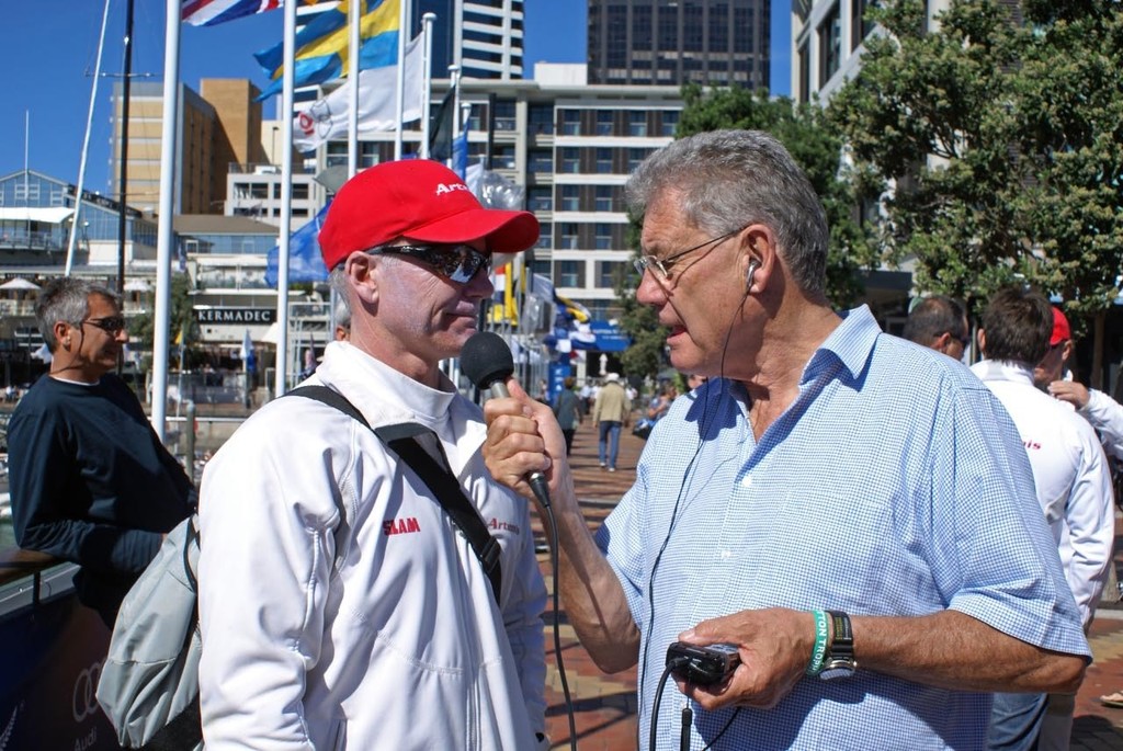 Tactician Terry Hutchinson (USA) is questioned by Newstalk ZB&rsquo;s Peter Montgomery after racing in the Louis Vuitton Pacific Trophy in Auckland photo copyright Richard Gladwell www.photosport.co.nz taken at  and featuring the  class