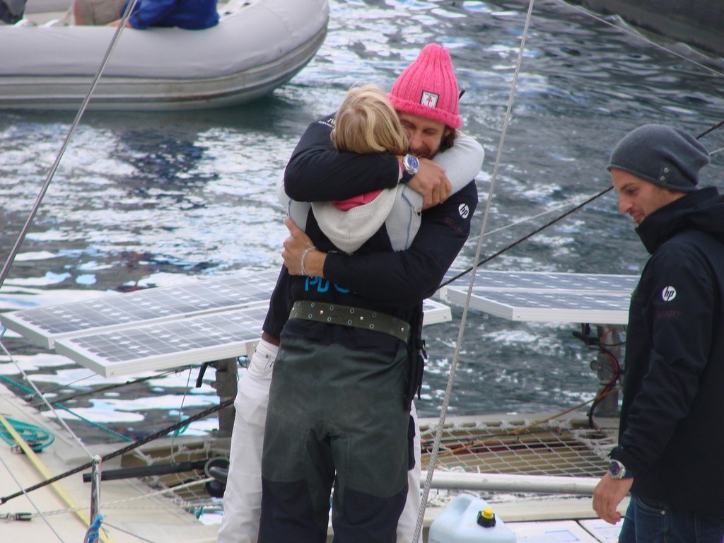 Plastiki hug of triumph - David de Rothschild and Jo Royle share a special moment © BW Studios