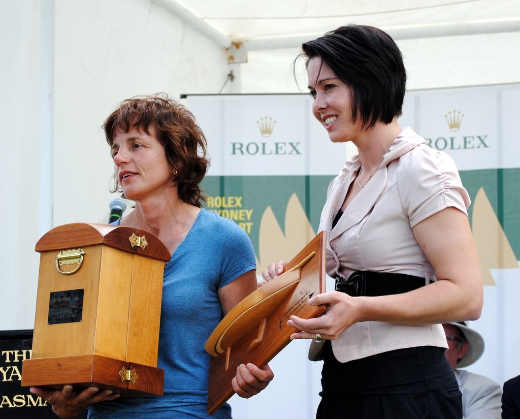 Stephane Howarth receiving the Jane Tate Memorial Trophy from Mrs Barbara McGregor from Tasmanian Ports Corporation photo copyright  Andrea Francolini Photography http://www.afrancolini.com/ taken at  and featuring the  class