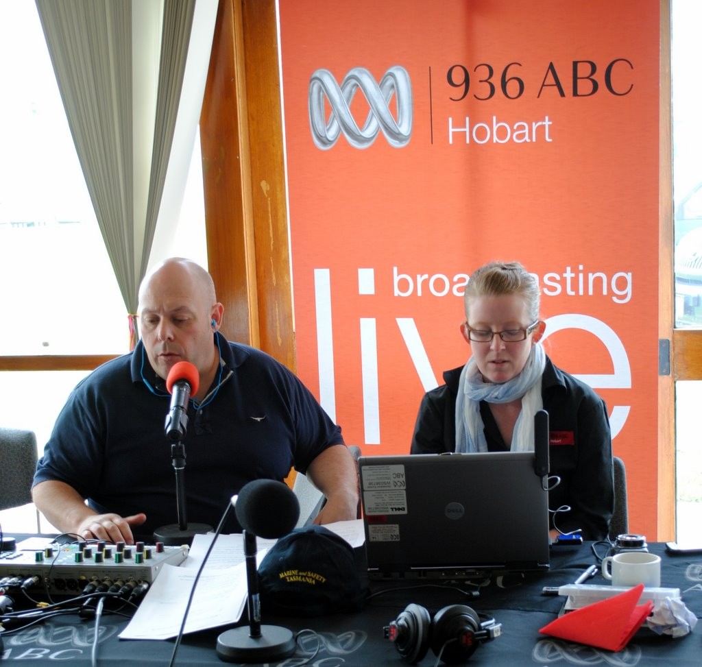 ABC presenter Tim Cox broadcast the Morning Show from the Derwent Sailing Squadron today, interviewing club officials and competitors during the program photo copyright  Andrea Francolini Photography http://www.afrancolini.com/ taken at  and featuring the  class