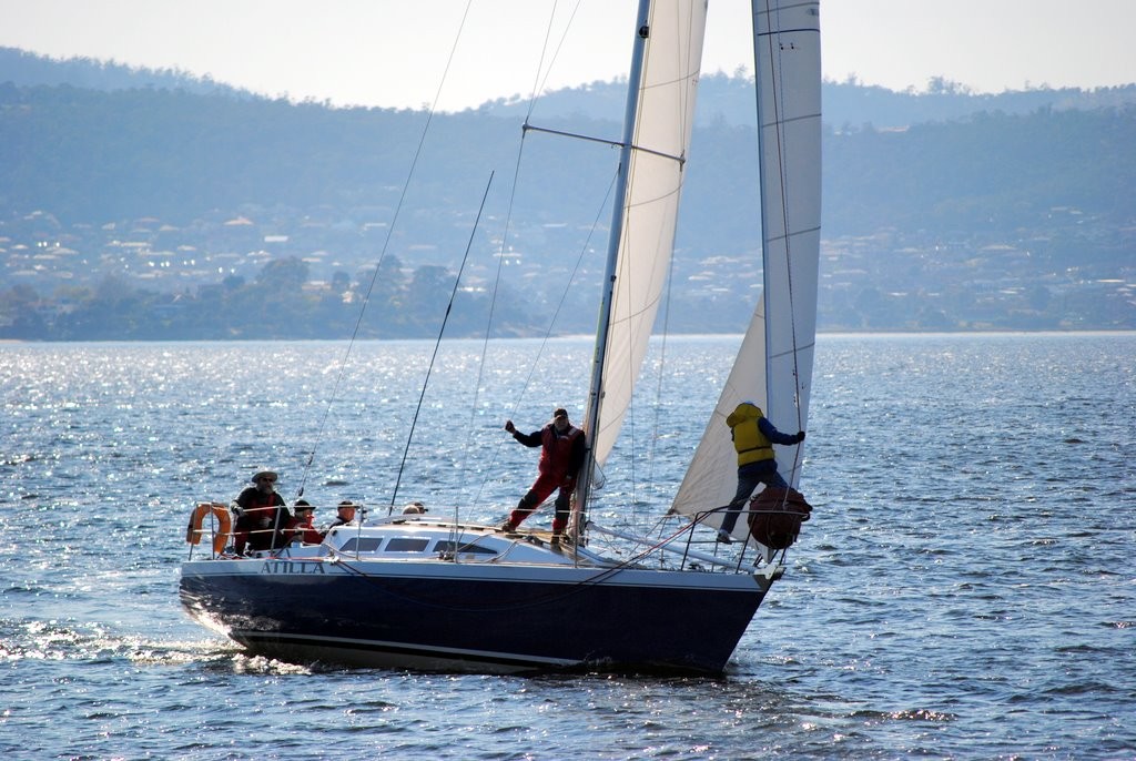 Veteran Hobart yachtsman John Hunn and his crew prepare for a spinnaker start to the Channel Race in Hobart today.  Atilla placed 8th overall on handicap.  ©  Andrea Francolini Photography http://www.afrancolini.com/