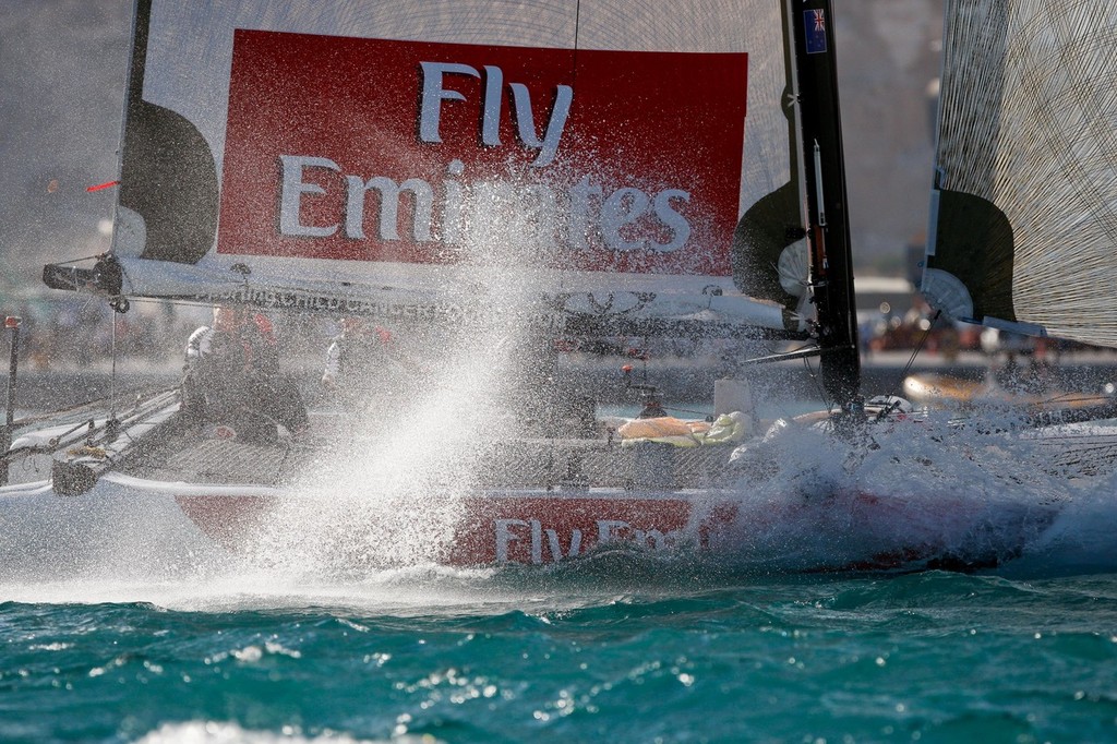 Emirates Team NZ digs a bow in during  the Extreme 40 series in Spain. © Paul Wyeth / OC Events