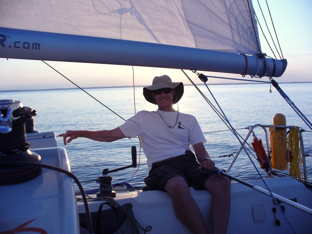 Nick Sellars at the helm © Diane Reid http://www.onegirlsoceanchallenge.com/