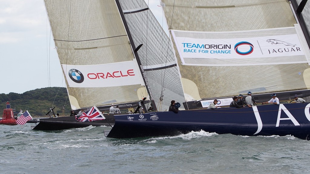 ENGLAND, Cowes, 2nd August 2010. 1851 Cup Regatta. TEAMORIGIN and BMW Oracle Racing. photo copyright Ian Roman/TEAMORIGIN www.ianroman.com taken at  and featuring the  class