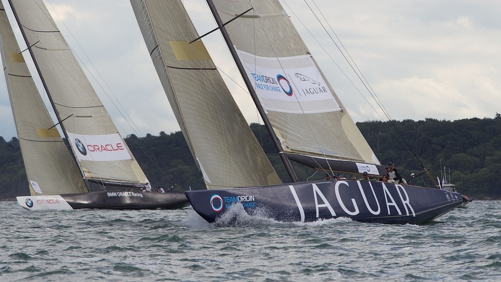 ENGLAND, Cowes, 4th August 2010. 1851 Cup Regatta. Day 2. TEAMORIGIN and BMW Oracle Racing. © Ian Roman/TEAMORIGIN www.ianroman.com