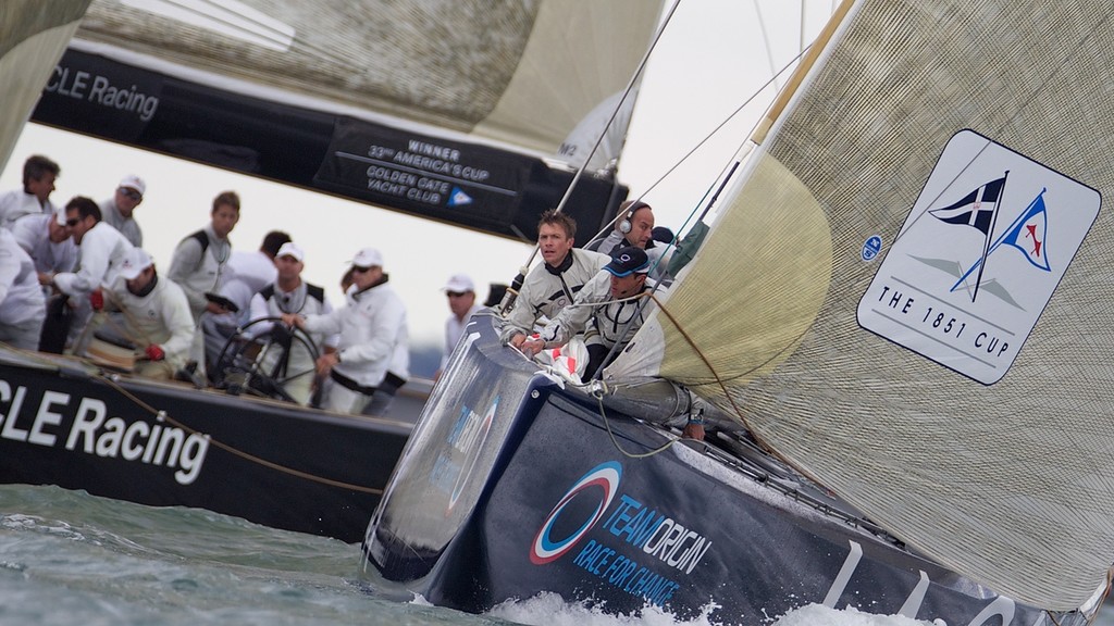 ENGLAND, Cowes, 4th August 2010. 1851 Cup Regatta. Day 2. TEAMORIGIN and BMW Oracle Racing. © Ian Roman/TEAMORIGIN www.ianroman.com
