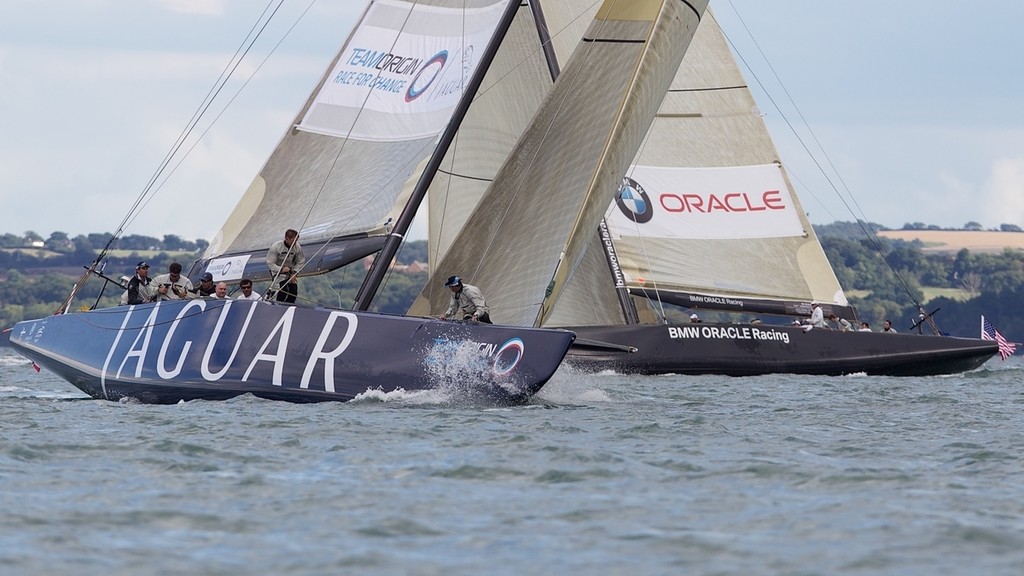 ENGLAND, Cowes, 4th August 2010. 1851 Cup Regatta. Day 2. TEAMORIGIN and BMW Oracle Racing. © Ian Roman/TEAMORIGIN www.ianroman.com