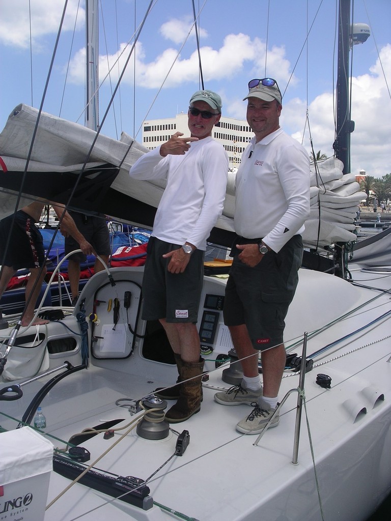 Double handers John Ryan of Bolands Mills and Michael Hennessey of Dragon greet each other after their long duel photo copyright Newport Bermuda Race Media http://www.bermudarace.com taken at  and featuring the  class