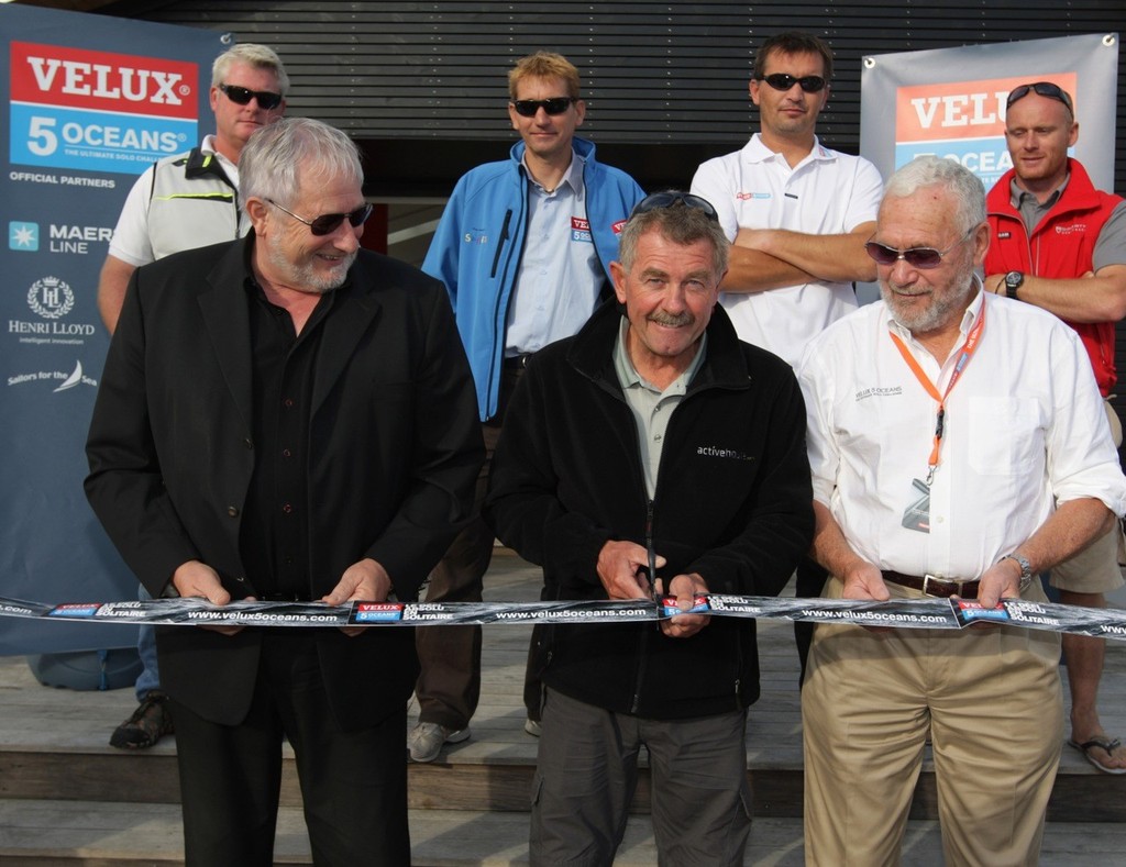 LR: Water & Maritime Affairs delegate Jack Dillenbourg, Canadian Ocean Racer Derek Hatfield and Velux 5 Oceans Chairman Sir Robin Knox-Johnston, cutting the ribbon to officially open the Race Village © Velux 5 Oceans 