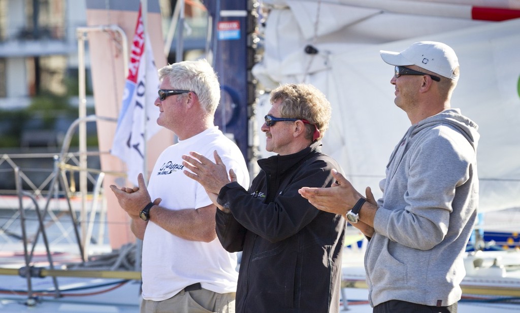 Fellow skippers Brad Van Liew, Derek Hatfield and Gutek were there to greet CSM  © Velux 5 Oceans 