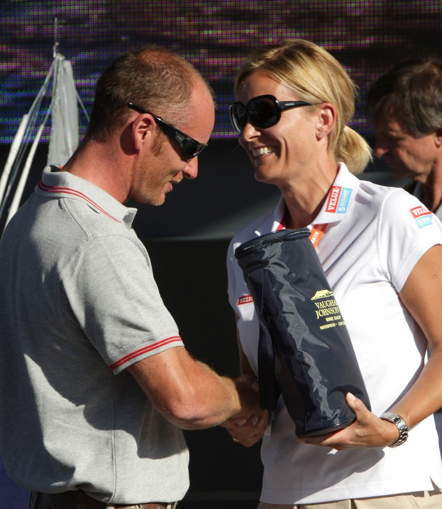 British skipper Chris Stanmore-Major receives his gift from Anne-Marie Hasselbalch of VELUX, for 4th place © Velux 5 Oceans 